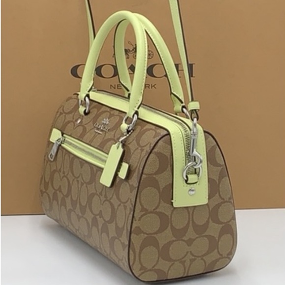 COACH  (83607) Rowan Khaki/Pale Lime Signature Medium Satchel Crossbody Handbag - Picture 3 of 16